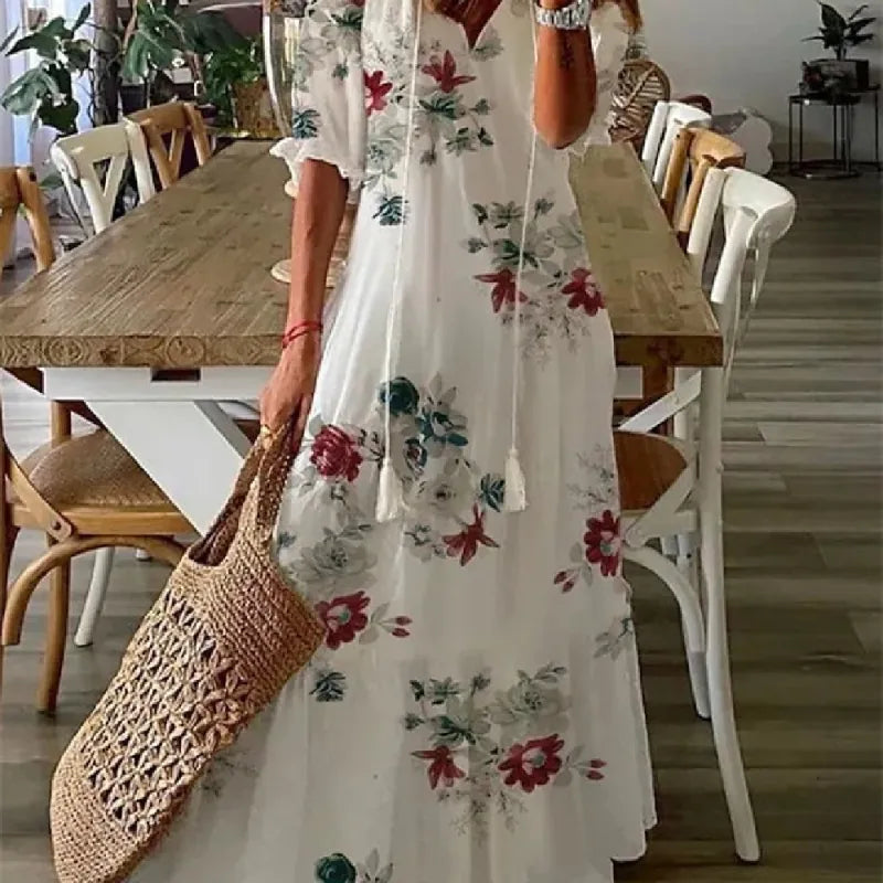 Delia - Women's Dresses Long V-neck Half Sleeve Dress with Beard Print