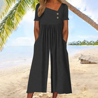 Geneviève - Blue Striped Short-Sleeved Jumpsuit