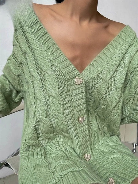 Women's Oversized Cardigan with Heart Buttons: Warm Knitted Sweater for Fall and Winter