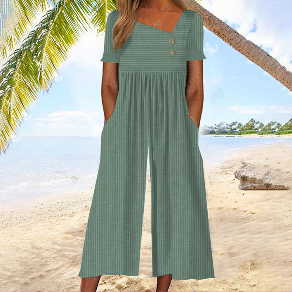 Geneviève - Blue Striped Short-Sleeved Jumpsuit