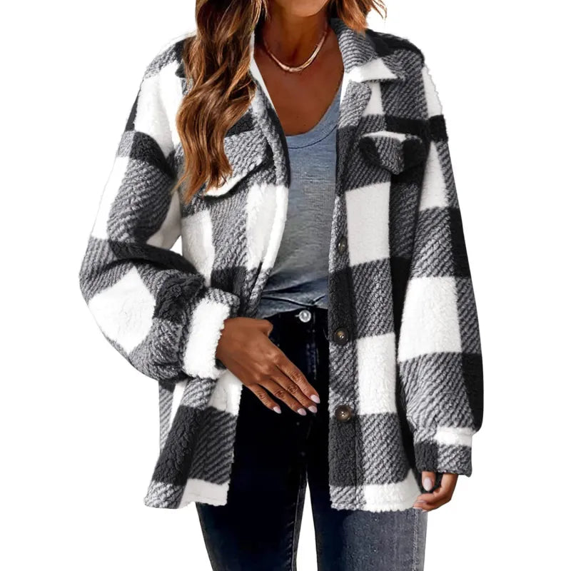 Women's Button-Down Plaid Jacket - Cozy and Modern Coat