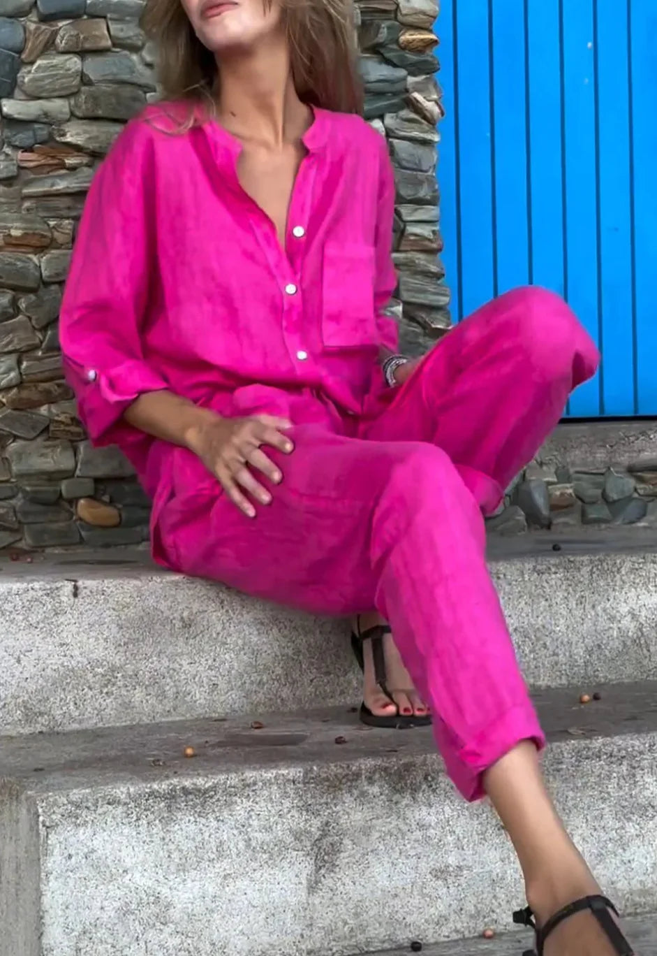 Michelle - Casual Two-Piece Cotton Linen V-Neck Top and Solid Color V-Neck Shirt Set