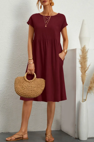 Melanie - Casual Solid Patchwork Dress with O-Neck and Short A-Line Sleeves
