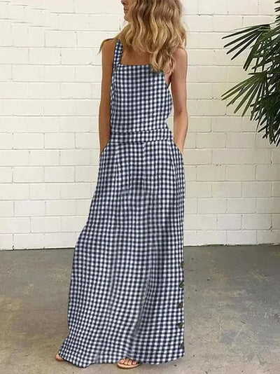 Marga - Women's Loose Sleeveless Button Down Plaid Pockets Long Dresses with Split Spaghetti Neckline