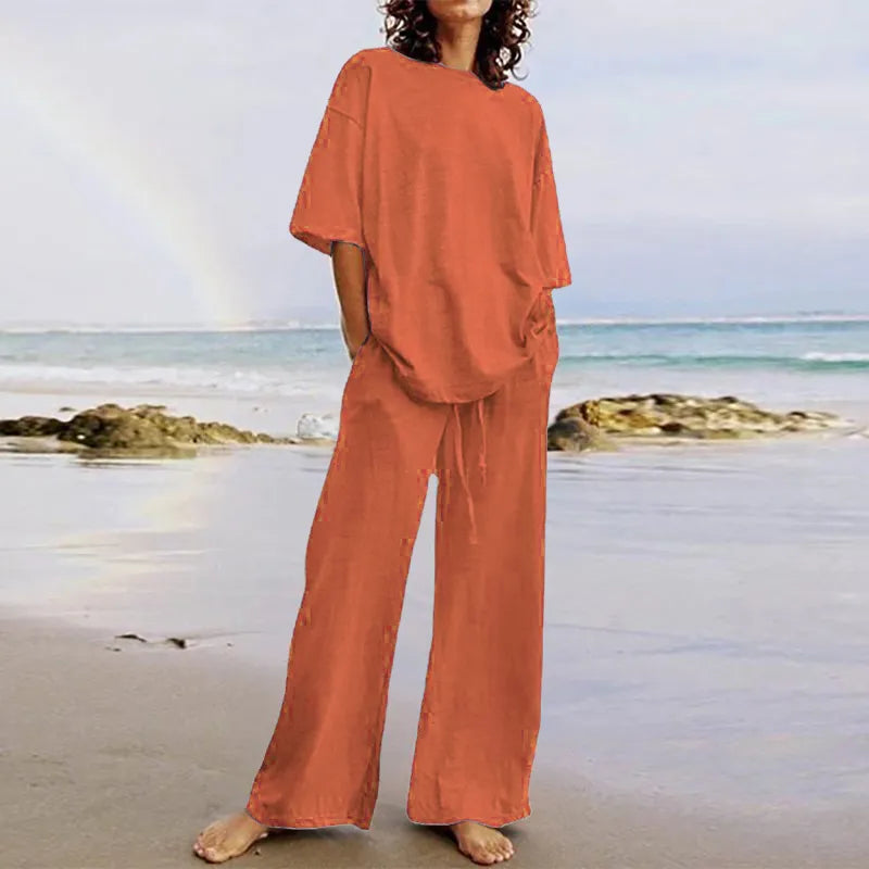 Frida - Casual Set with Belt and Pockets, Half-Sleeve Round Neck Top and Wide-Leg Pants