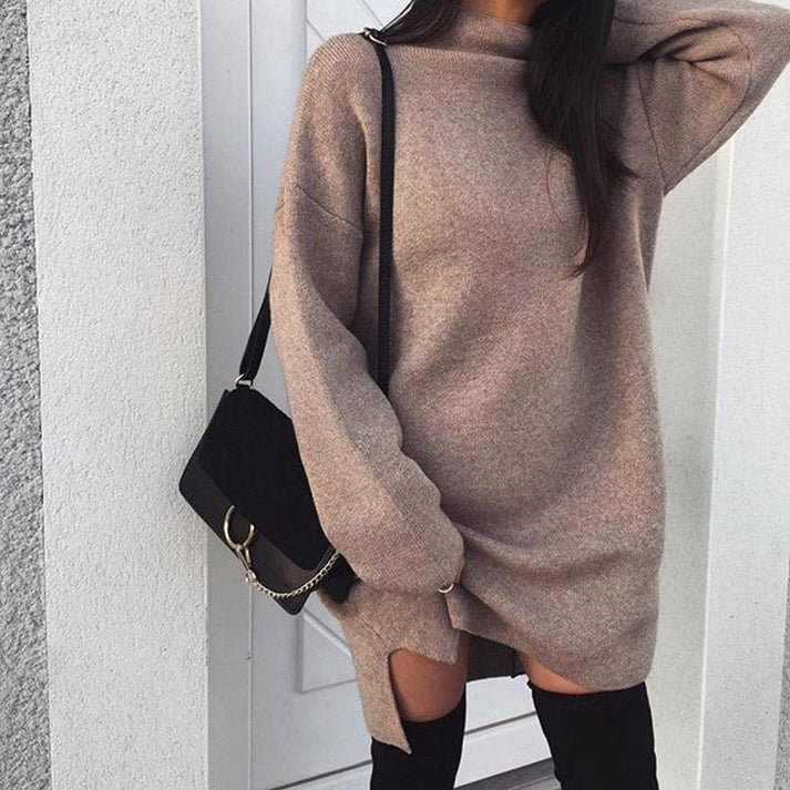 Women's Loose Fit Turtleneck Long Sweater with Side Slits