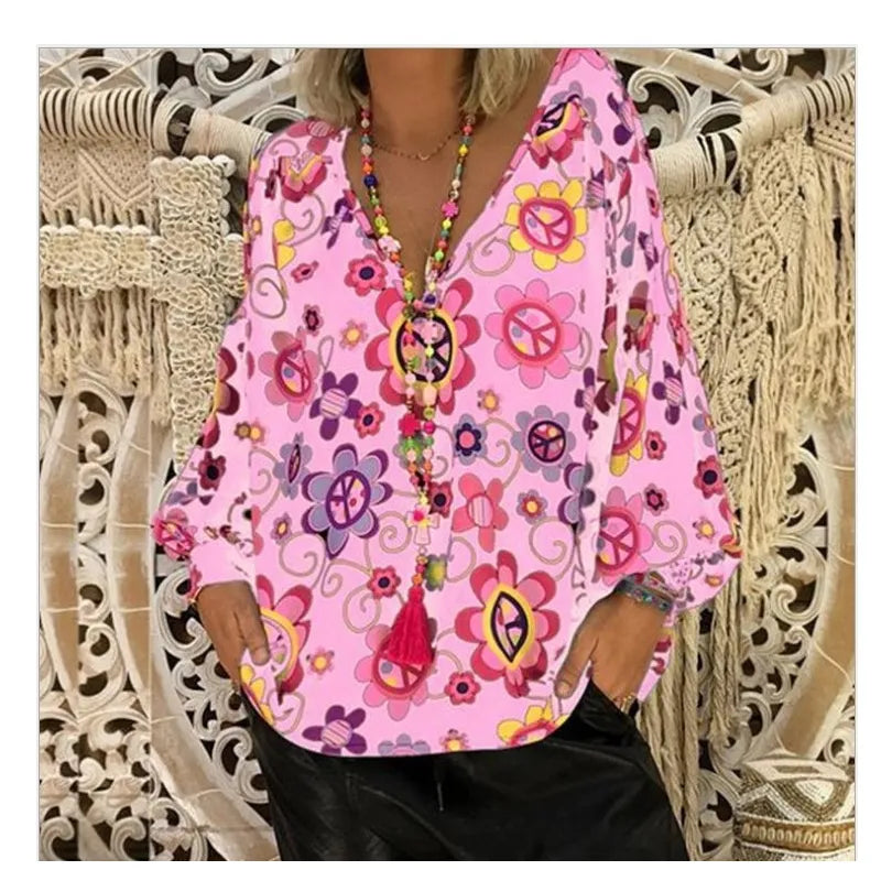 Abstract print button-down shirt with V-neck