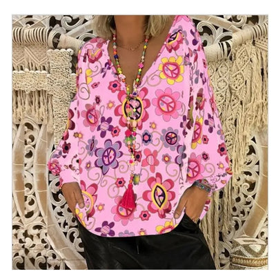 Abstract print button-down shirt with V-neck