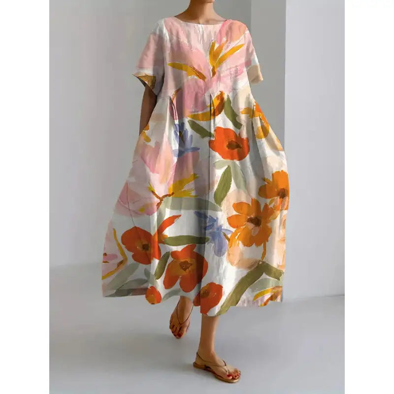 Laura - Women's Art Floral Print Pocket Tunic Dress