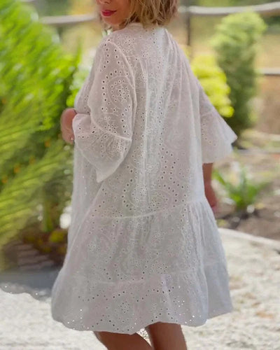 Lara - Solid Color Festive Lace Swing Dress