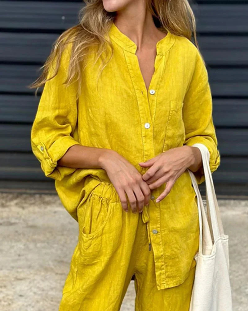 Michelle - Casual Two-Piece Cotton Linen V-Neck Top and Solid Color V-Neck Shirt Set
