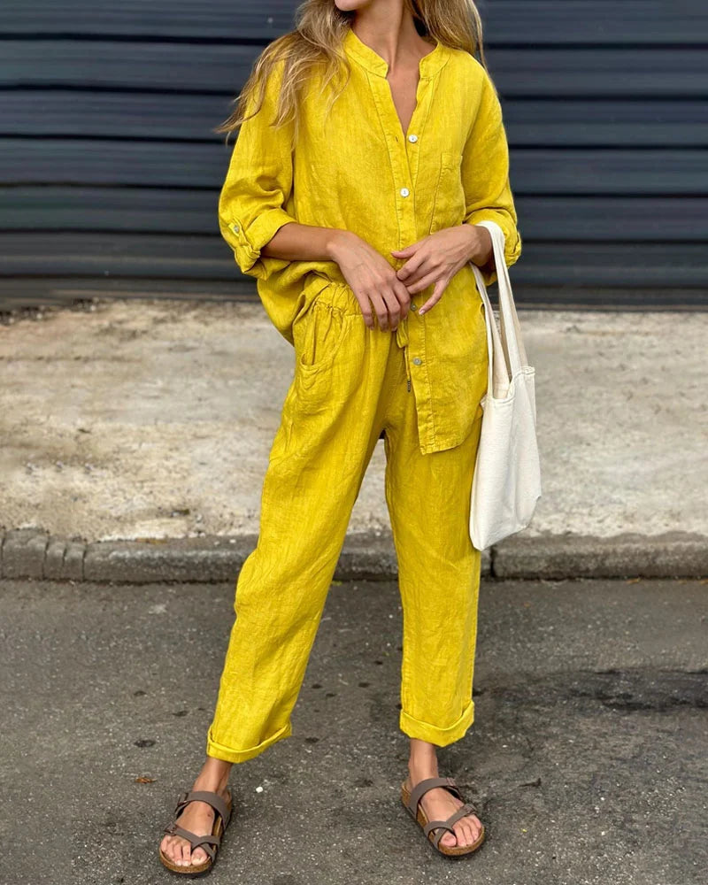 Michelle - Casual Two-Piece Cotton Linen V-Neck Top and Solid Color V-Neck Shirt Set