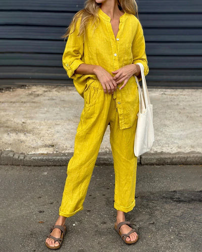 Michelle - Casual Two-Piece Cotton Linen V-Neck Top and Solid Color V-Neck Shirt Set