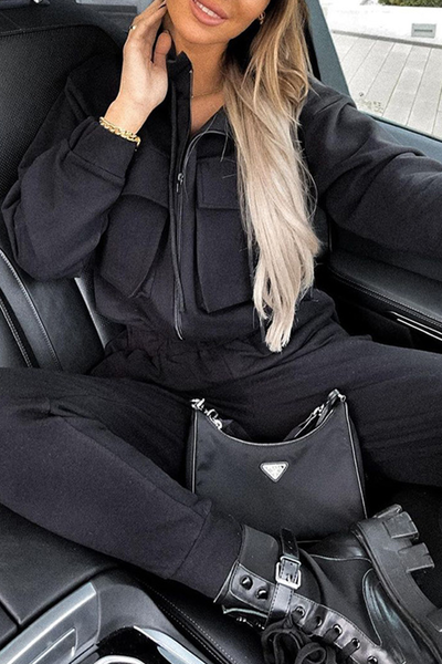 Casual Two Piece Set with Zipper Details and Long Sleeves