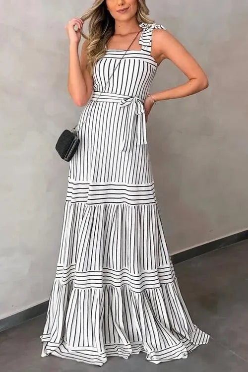 Alba - Long dress with belt and striped bow