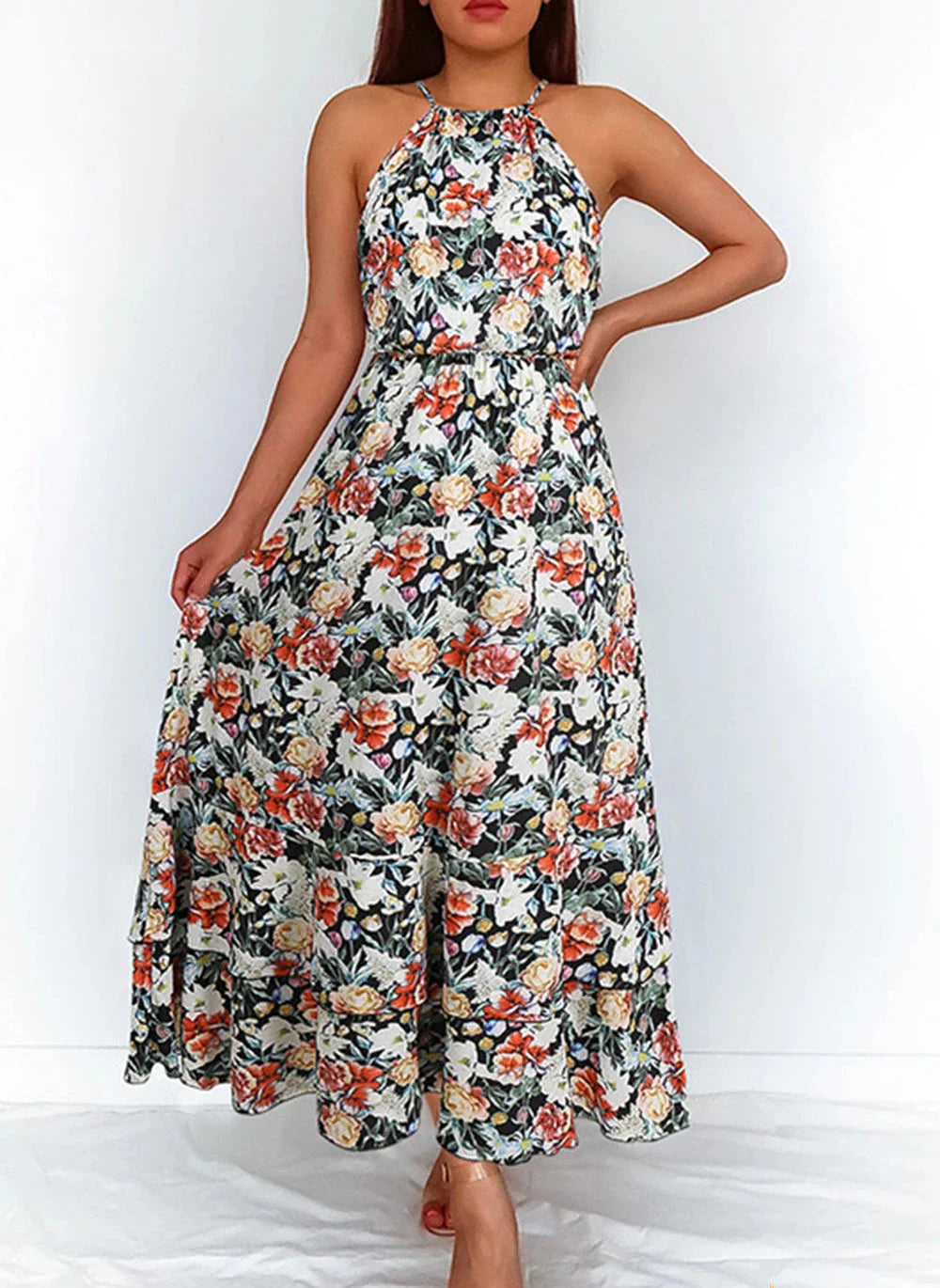 Delia - Elegant Floral Halter Waist Skirt Dresses