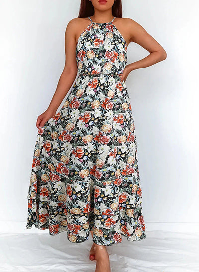 Delia - Elegant Floral Halter Waist Skirt Dresses
