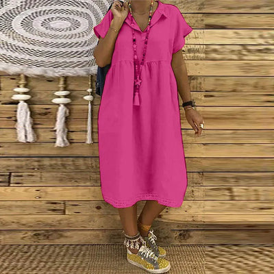 Laia - Women's Plus Size Cotton and Linen Short-Sleeved Midi Dress