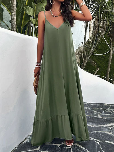 Heidy - Women's Loose Sleeveless Pleated Solid Color Split Spaghetti Neckline Long Dresses