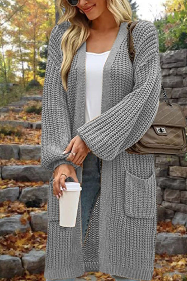 Women's Mid-Length Oversized Cardigan Sweater Jacket with Double Pocket