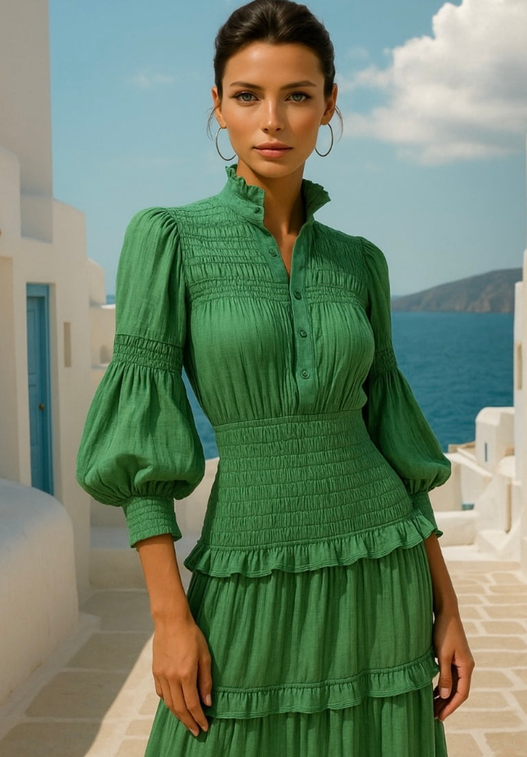 Elegant pleated midi dress with short puffed sleeves and a V-neckline