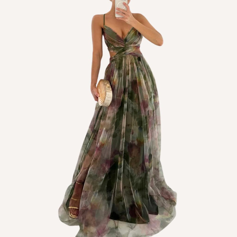 Elegant long dress with thin straps and floral print
