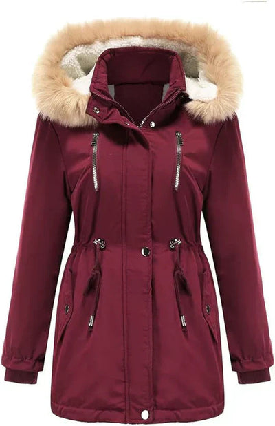Elegant long women's winter coat with hood