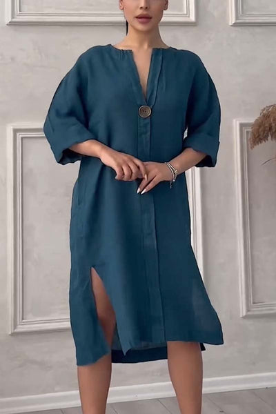 Emma - Casual cotton and linen button-down dress