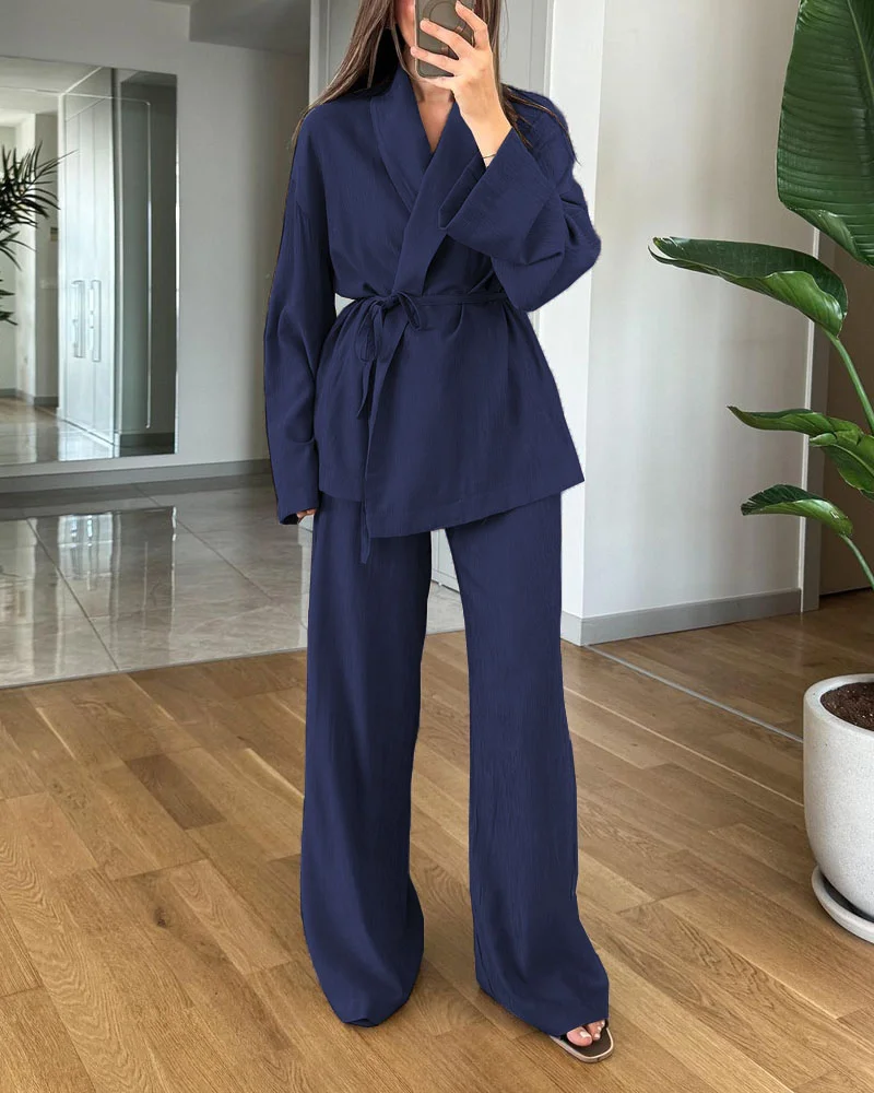 Casual two-piece set with solid color lapel top and pants