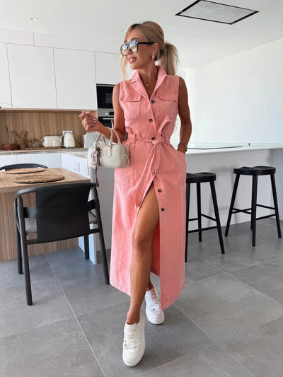 Modern sleeveless maxi dress with full button-down design