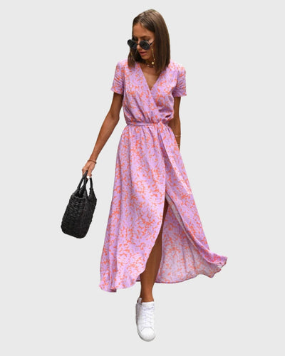 Elegant long dress with short sleeves and belt for special occasions