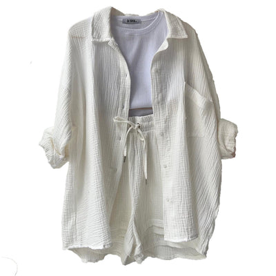 Women's summer set of flowing button-down shirt and matching shorts