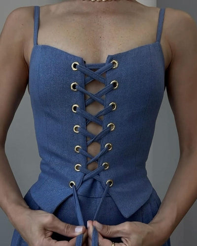 Two-piece set with a thin strap knotted top and flowing straight-leg pants