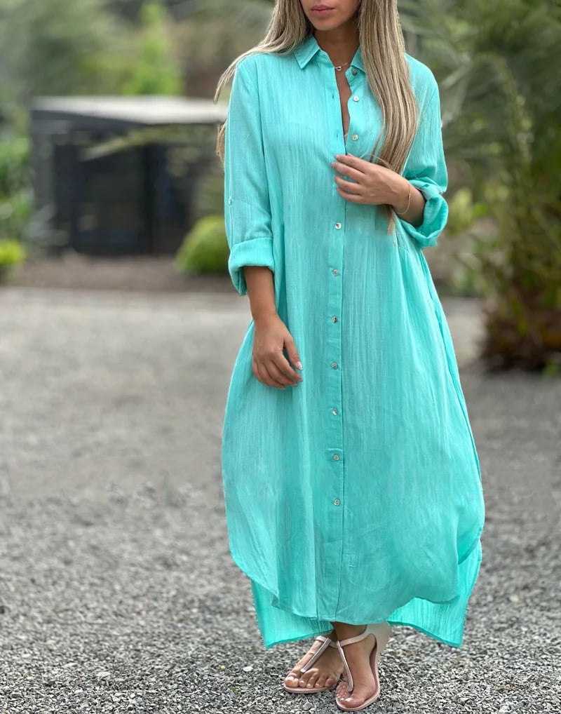 Frida - Women's Casual Solid Color Button Front Shirt Dress