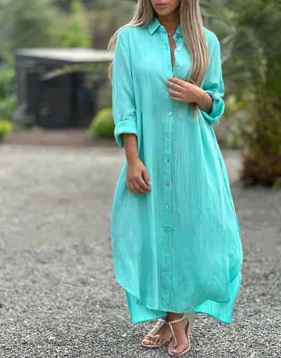 Frida - Women's Casual Solid Color Button Front Shirt Dress