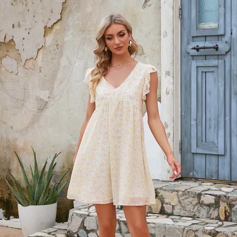 Anna - A-line dresses with V-neck and slit with fashionable street print