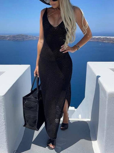 Sleeveless beach dress with V-neckline, openwork design and side slit