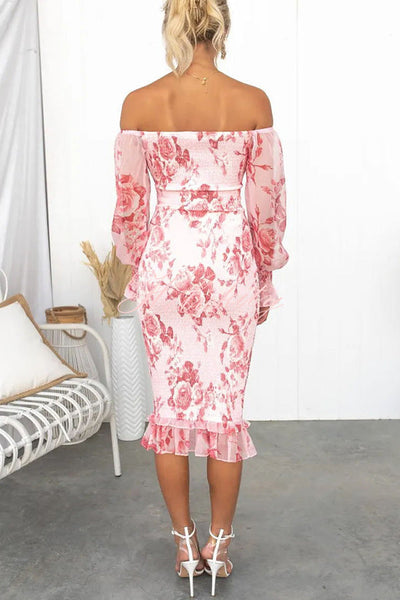 Ania - Beautiful off-the-shoulder floral print midi dress with gathered waist