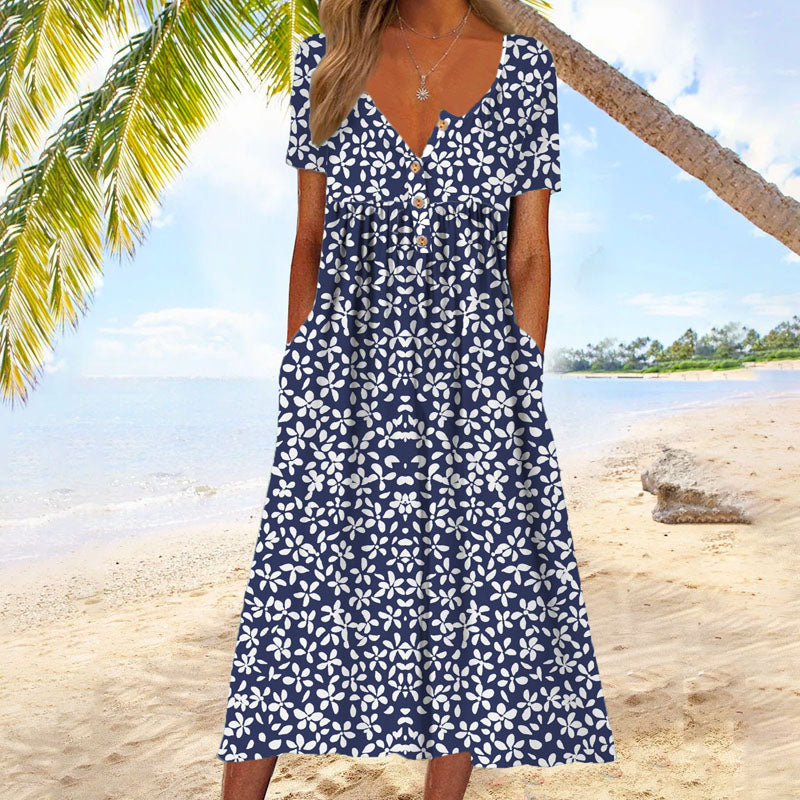Casual midi dress with floral print and short sleeves, ideal for everyday wear