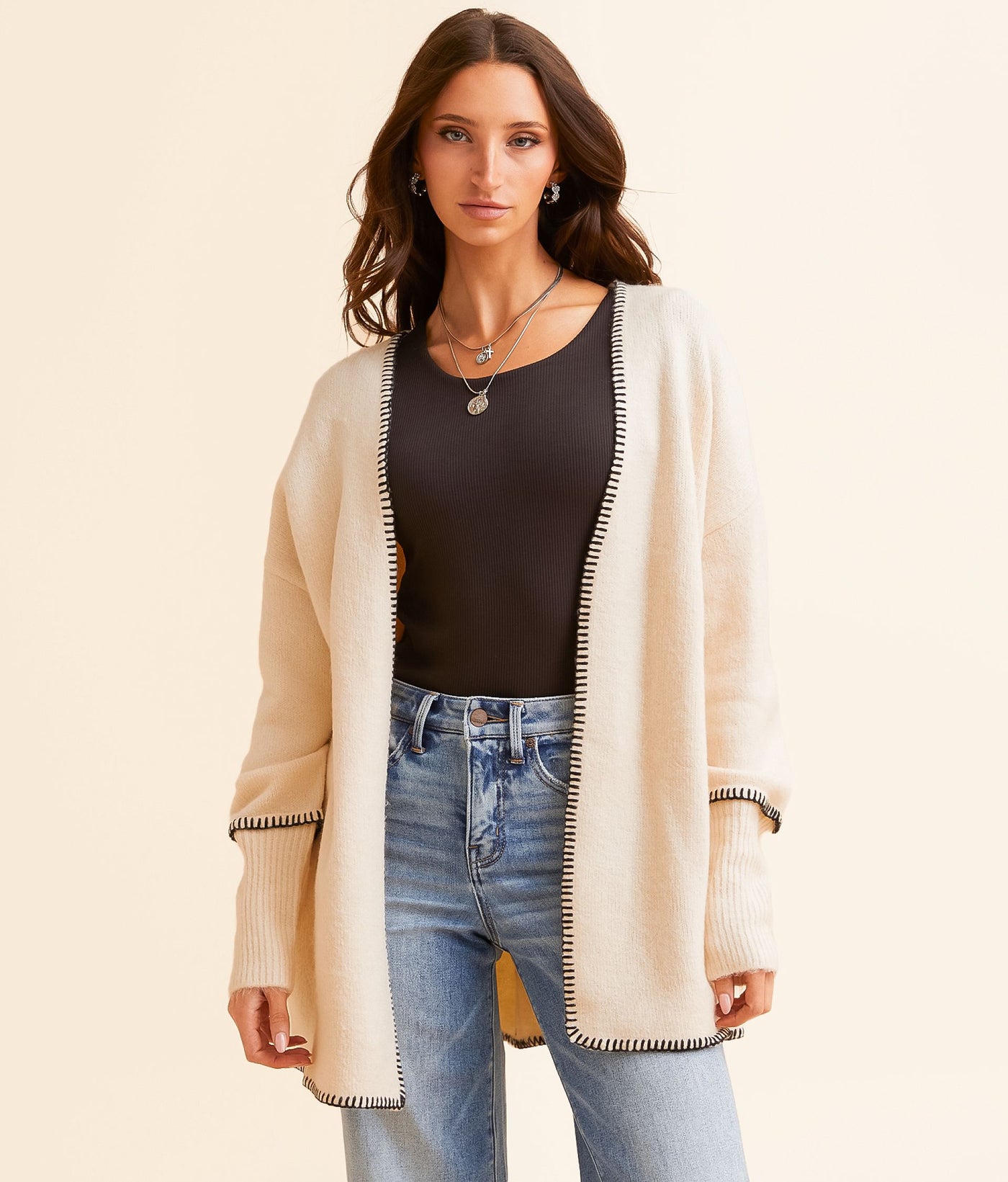 Open Front Cardigan with Scallop Stitch Detail – Elegant Sweater for Women