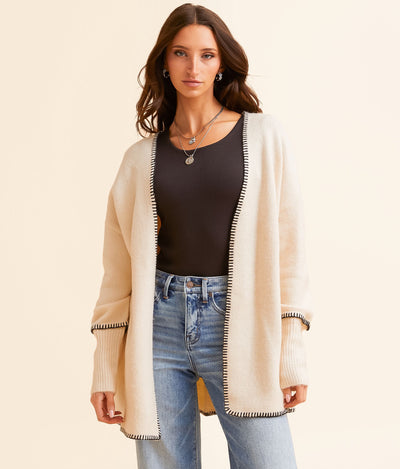 Open Front Cardigan with Scallop Stitch Detail – Elegant Sweater for Women
