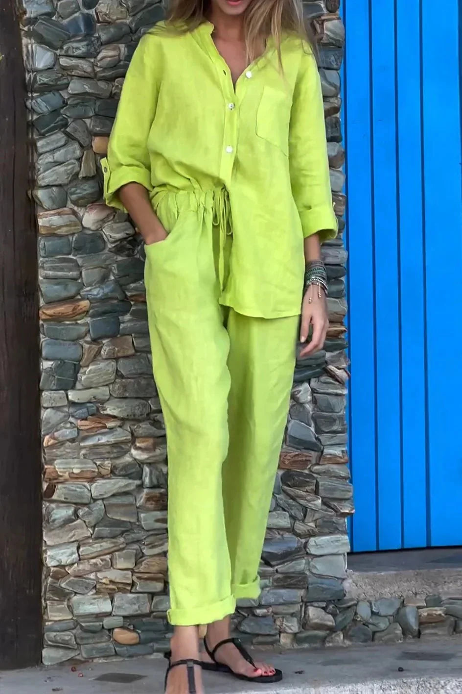 Michelle - Casual Two-Piece Cotton Linen V-Neck Top and Solid Color V-Neck Shirt Set