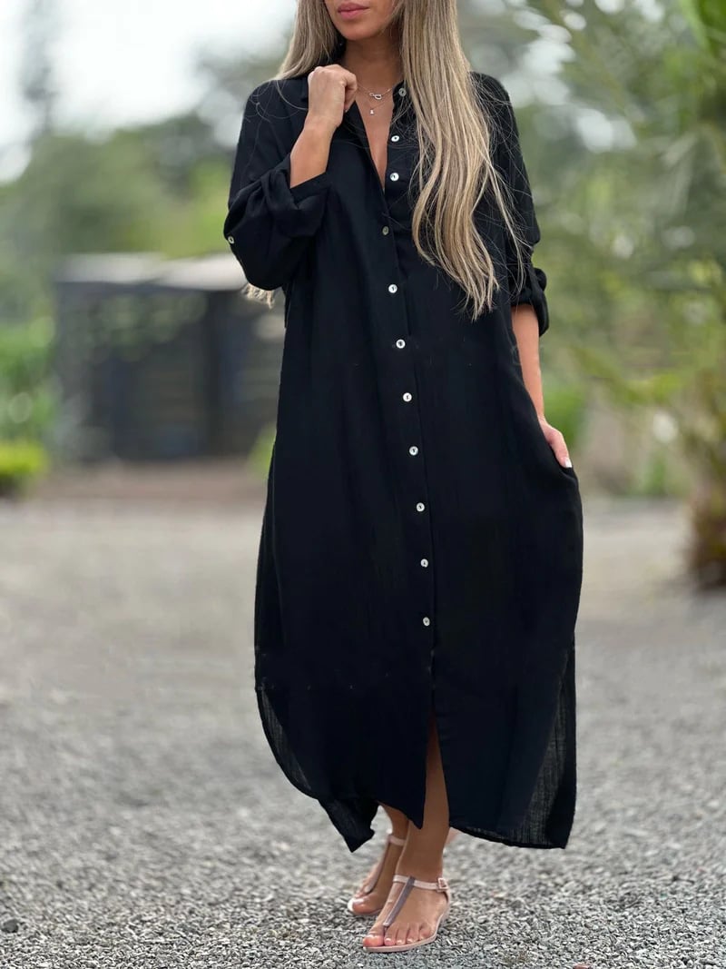 Frida - Women's Casual Solid Color Button Front Shirt Dress