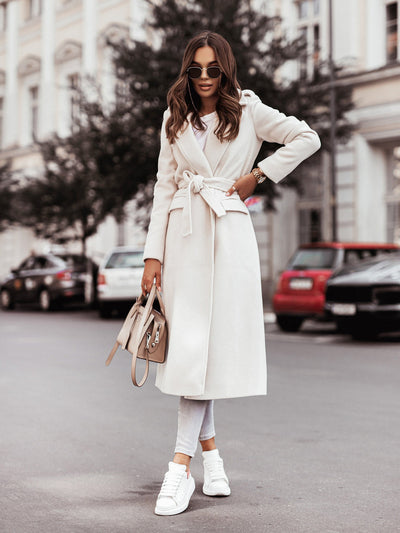 Women's Long V-Neck Coat with Adjustable Belt