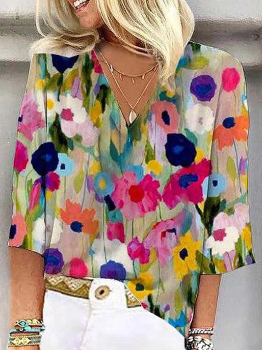 Diana - Women's 3/4 Sleeve V-Neck Abstract Floral Colorful Summer Blouse