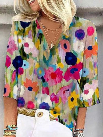 Diana - Women's 3/4 Sleeve V-Neck Abstract Floral Colorful Summer Blouse