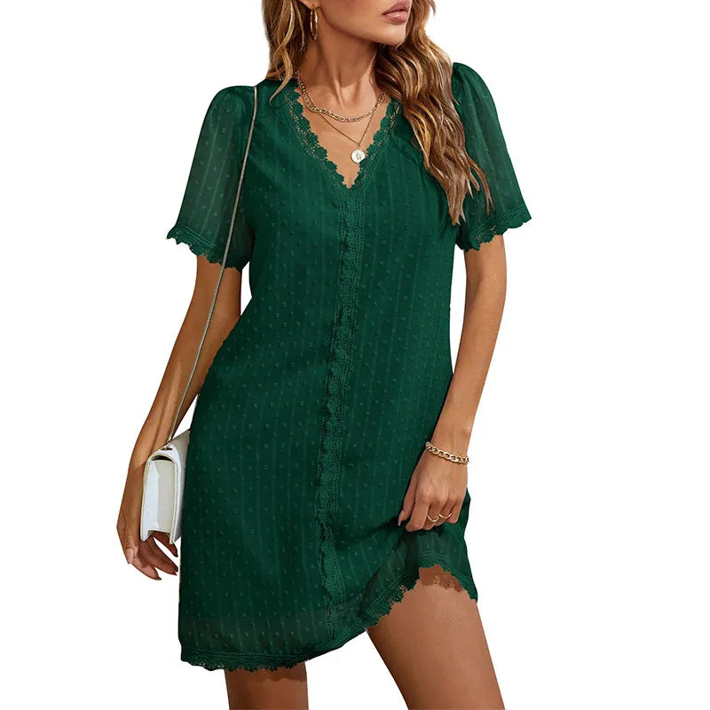 Camila - Women's V-Neck Lace Patchwork Half Sleeve Dress - Casual Style