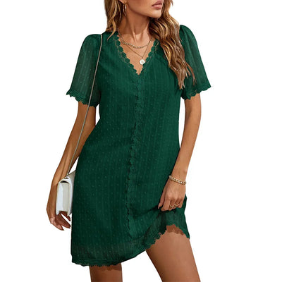 Camila - Women's V-Neck Lace Patchwork Half Sleeve Dress - Casual Style