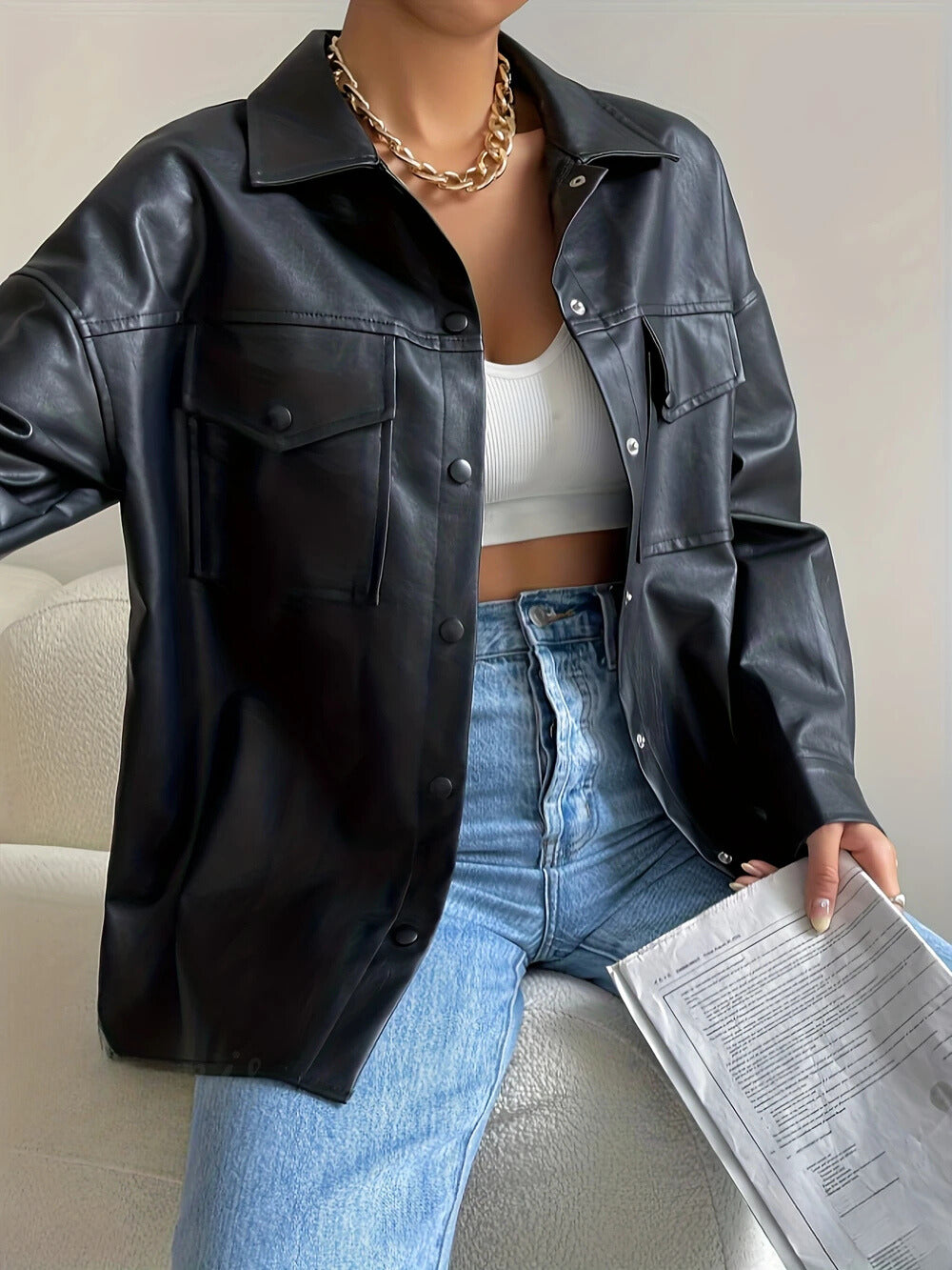 Women's Urban Style Button Front Biker Jacket - Long Sleeve Design