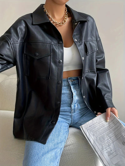 Women's Urban Style Button Front Biker Jacket - Long Sleeve Design